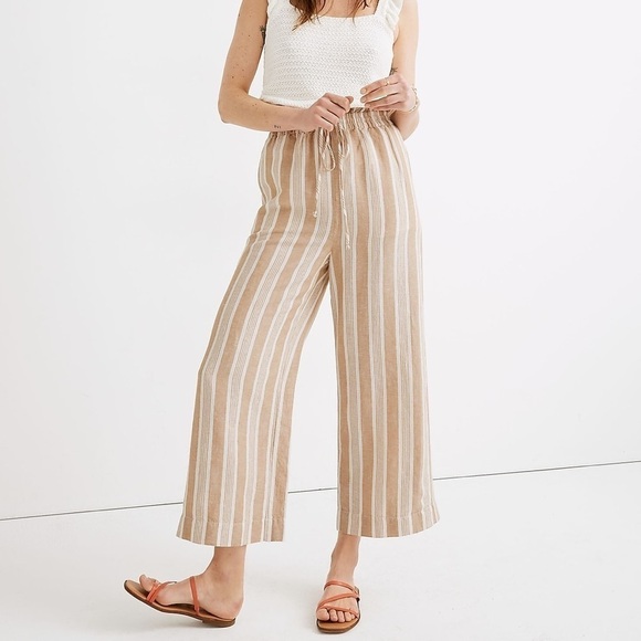 Madewell Smocked Huston Pull-on Cropped Linen Blend Stripe Pants - Picture 1 of 10